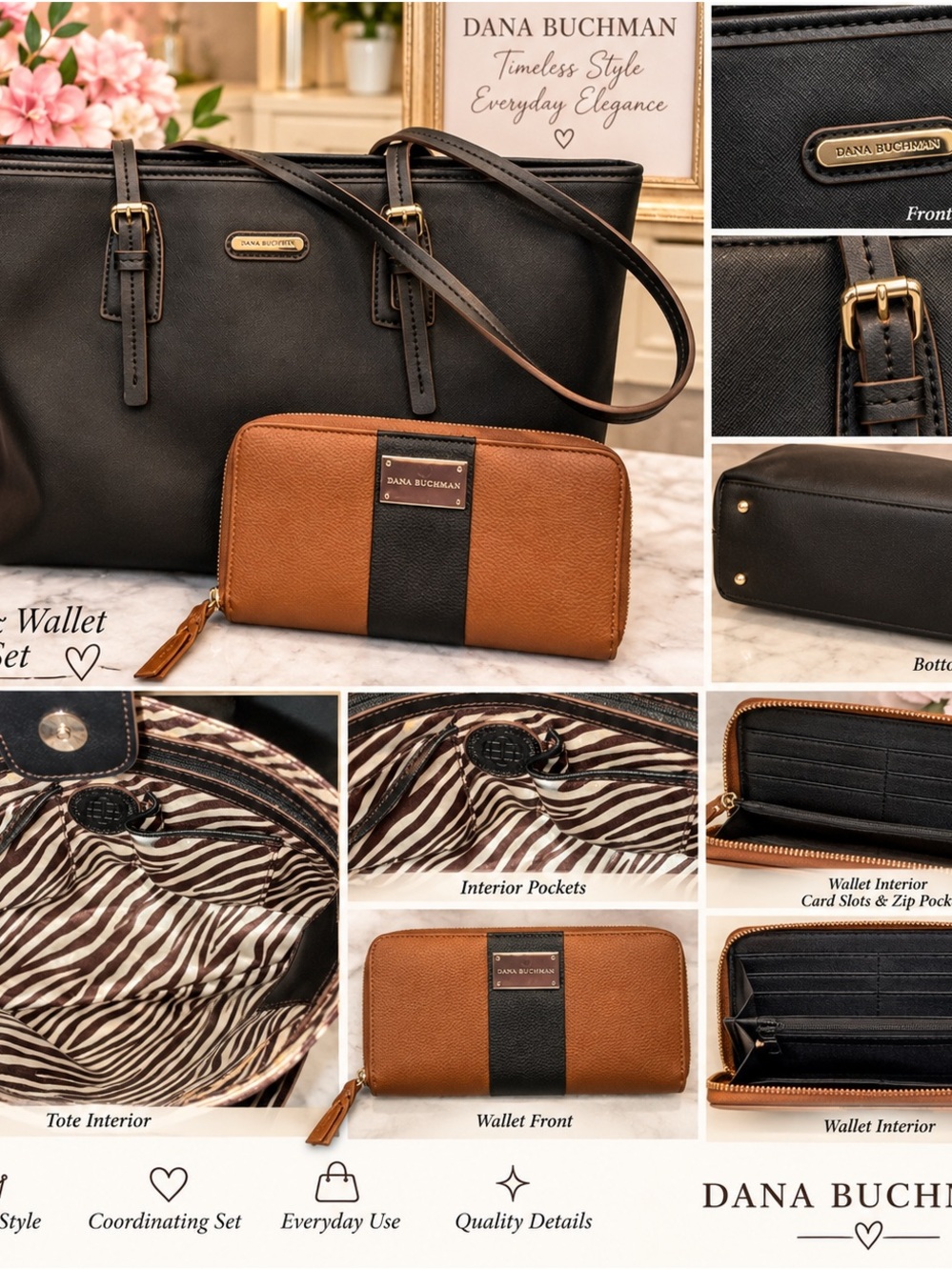 Dana Buchman Black Tote with Brown Zip Wallet Set